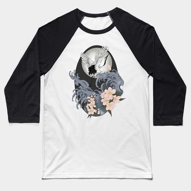 Japanese Crane takes off Baseball T-Shirt by Gekko and the Samurai 